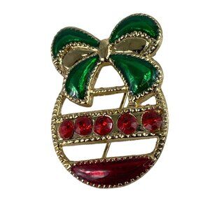 Christmas Ornament Brooch Holiday Pin Red Green & Gold Ornament Rhinestone